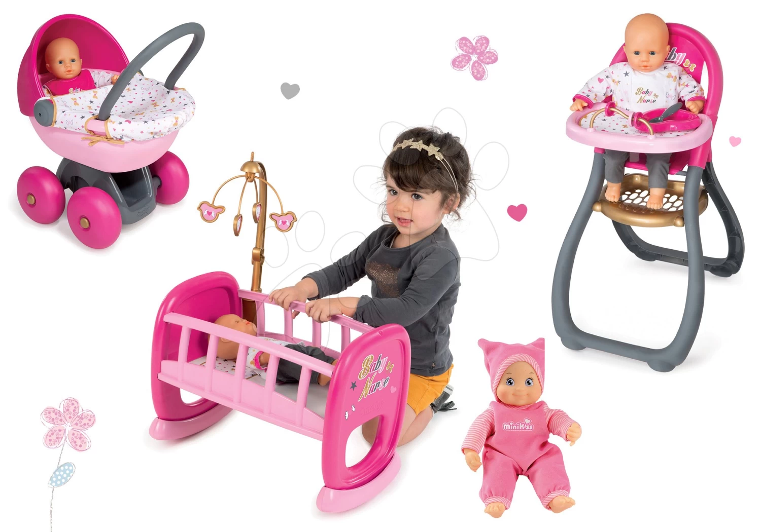 Minikiss Smoby Puppenset 27 Cm Wiege Esszimmerstuhl Mit Karussell Und Tiefem Puppenwagen (56 Cm Griff) Ab 18 Monaten 2 Minikiss Smoby Puppenset 27 Cm Wiege Esszimmerstuhl Mit Karussell Und Tiefem Puppenwagen (56 Cm Griff) Ab 18 Monaten – Bild 2