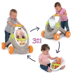 Set Lauflernwagen Und Kinderwagen Mit Autositz Für Tiere Animal Minikiss 3in1 Smoby Mit Bremse Und Ein Cosy-Balance-Kegel