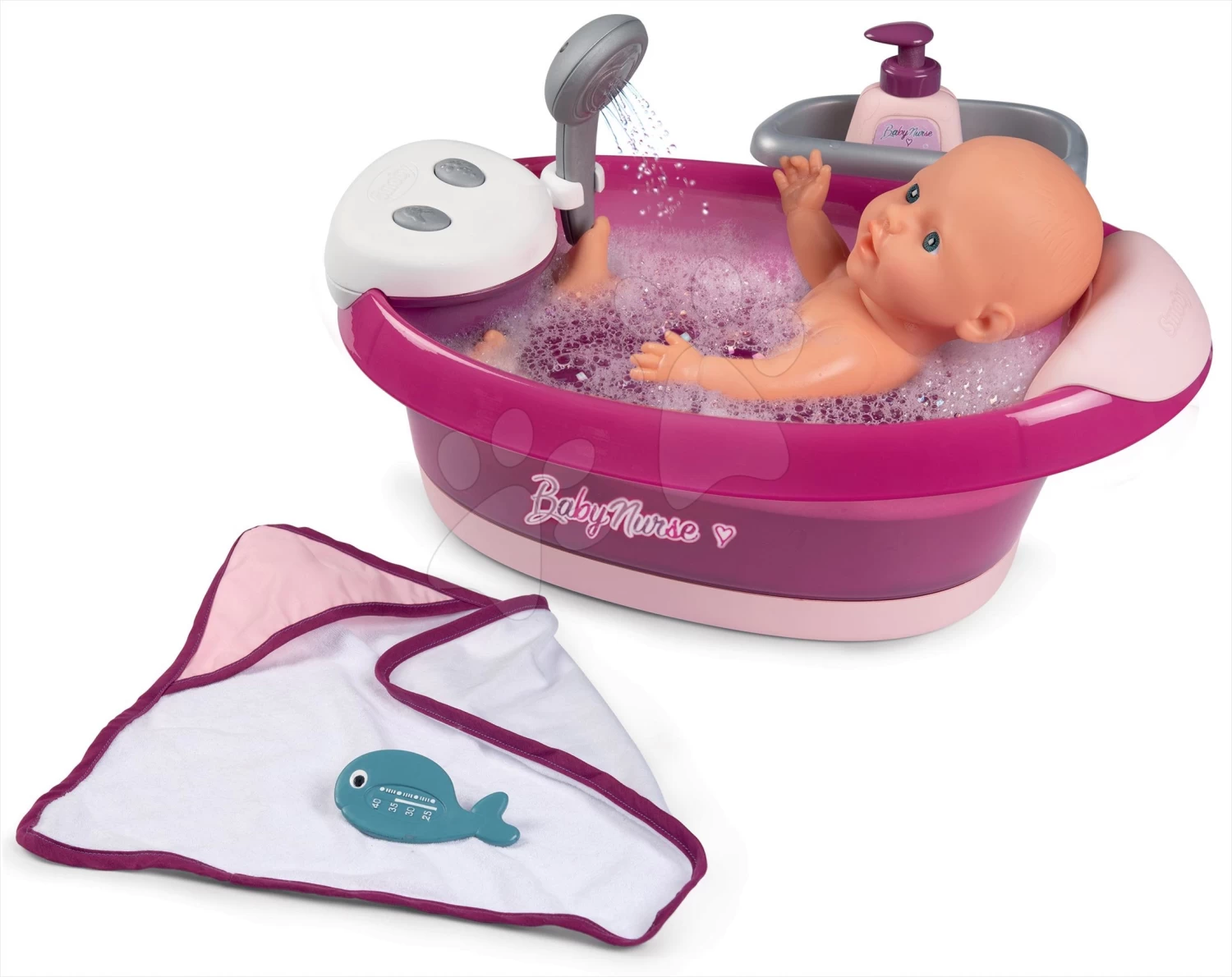 Set Badewanne Mit Fließendem Wasser Elektronisch Violette Baby Nurse Smoby Mit Puppen-Tragetasche Und Esszimmerstuhl 6 Set Badewanne Mit Fließendem Wasser Elektronisch Violette Baby Nurse Smoby Mit Puppen-Tragetasche Und Esszimmerstuhl – Bild 6