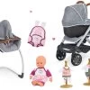 Puppenwagen-Set DeLuxe Pastell Maxi Cosi&Quinny Sport Grey 3in1 Smoby Und Stuhl, Autositz Und Schaukel Mit Puppe Mit Trage Und 2 Kleidern
