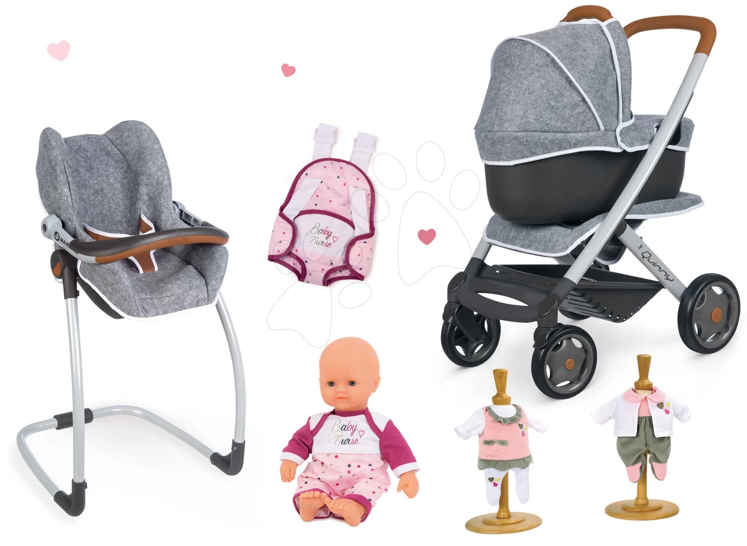 Puppenwagen-Set DeLuxe Pastell Maxi Cosi&Quinny Sport Grey 3in1 Smoby Und Stuhl, Autositz Und Schaukel Mit Puppe Mit Trage Und 2 Kleidern 1 Puppenwagen-Set DeLuxe Pastell Maxi Cosi&Quinny Sport Grey 3in1 Smoby Und Stuhl, Autositz Und Schaukel Mit Puppe Mit Trage Und 2 Kleidern