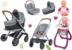 Puppenwagen-Set DeLuxe Pastell Maxi Cosi&Quinny Sport Grey 3in1 Smoby Und Ein Autositz Und Esszimmerstuhl Mit Violette-Puppe