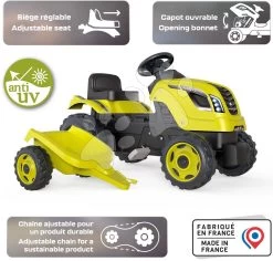 Trettraktor Und Ein Anhänger Farmer XL GreenTractor+Trailer Smoby Grün Mit Verstellbarem Sitz Und Ton 142 Cm SM710130 -Smoby 710130 b smoby traktor