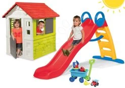 Set Rutsche Funny Toboggan Smoby 200 Cm Und Häuschen Nature Mit Rollladen Und Wagen Mit Eimer Ab 24 Monaten -Smoby 820401set 13 smoby set 2